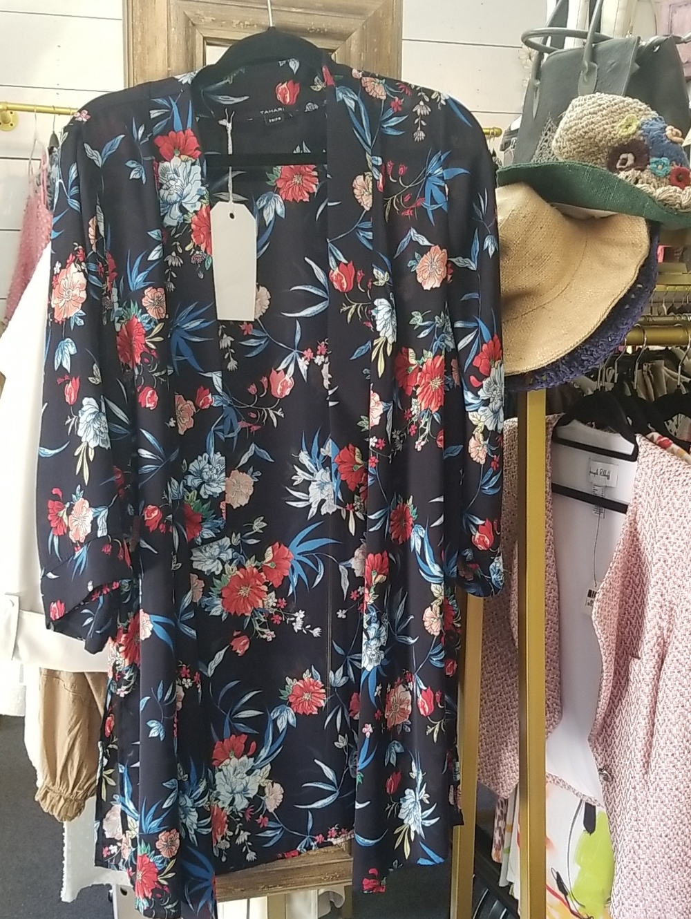 Tahari Black Floral Kimono with Red & Blue Blooms